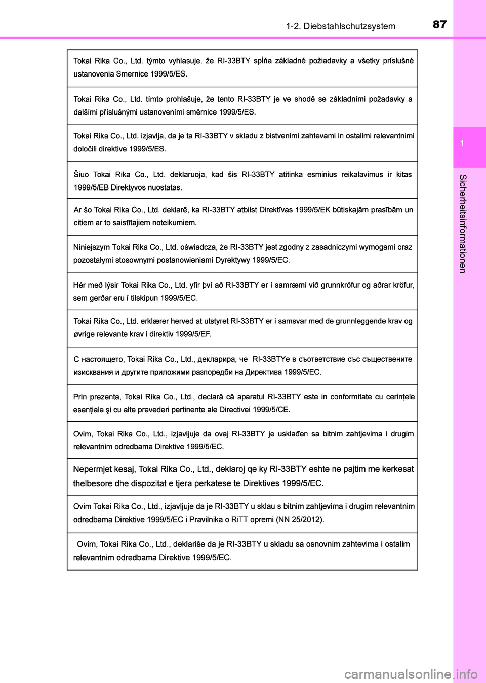 TOYOTA HILUX 2015 Betriebsanleitungen (in German) 871-2. Diebstahlschutzsystem
1
HILUX_OM_OM71214M_(EM)
Sicherheitsinformationen
HILUX_OM_OM71214M_(EM).book Page 87 Friday, May 9, 2014 7:16 PM TOYOTA HILUX 2015 Betriebsanleitungen (in German) 871-2. Diebstahlschutzsystem
1
HILUX_OM_OM71214M_(EM)
Sicherheitsinformationen
HILUX_OM_OM71214M_(EM).book Page 87 Friday, May 9, 2014 7:16 PM
