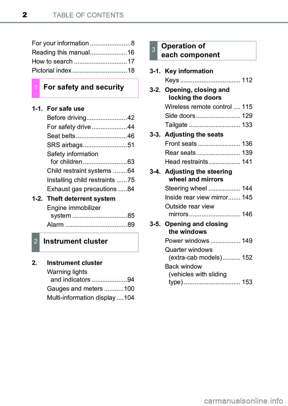 TOYOTA HILUX 2015 Owners Manual (in English) TABLE OF CONTENTS2
HILUX_OM_OM0K219E_(EE)For your information .......................8
Reading this manual.....................16
How to search ..............................17
Pictorial index ....... TOYOTA HILUX 2015 Owners Manual (in English) TABLE OF CONTENTS2
HILUX_OM_OM0K219E_(EE)For your information .......................8
Reading this manual.....................16
How to search ..............................17
Pictorial index .......