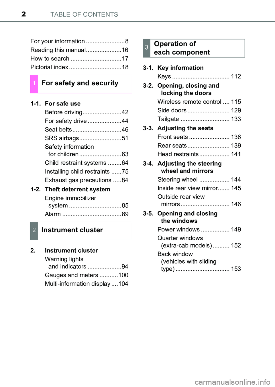 TOYOTA HILUX 2015  Owners Manual (in English) TABLE OF CONTENTS2
HILUX_OM_OM0K219E_(EE)For your information .......................8
Reading this manual.....................16
How to search ..............................17
Pictorial index .......