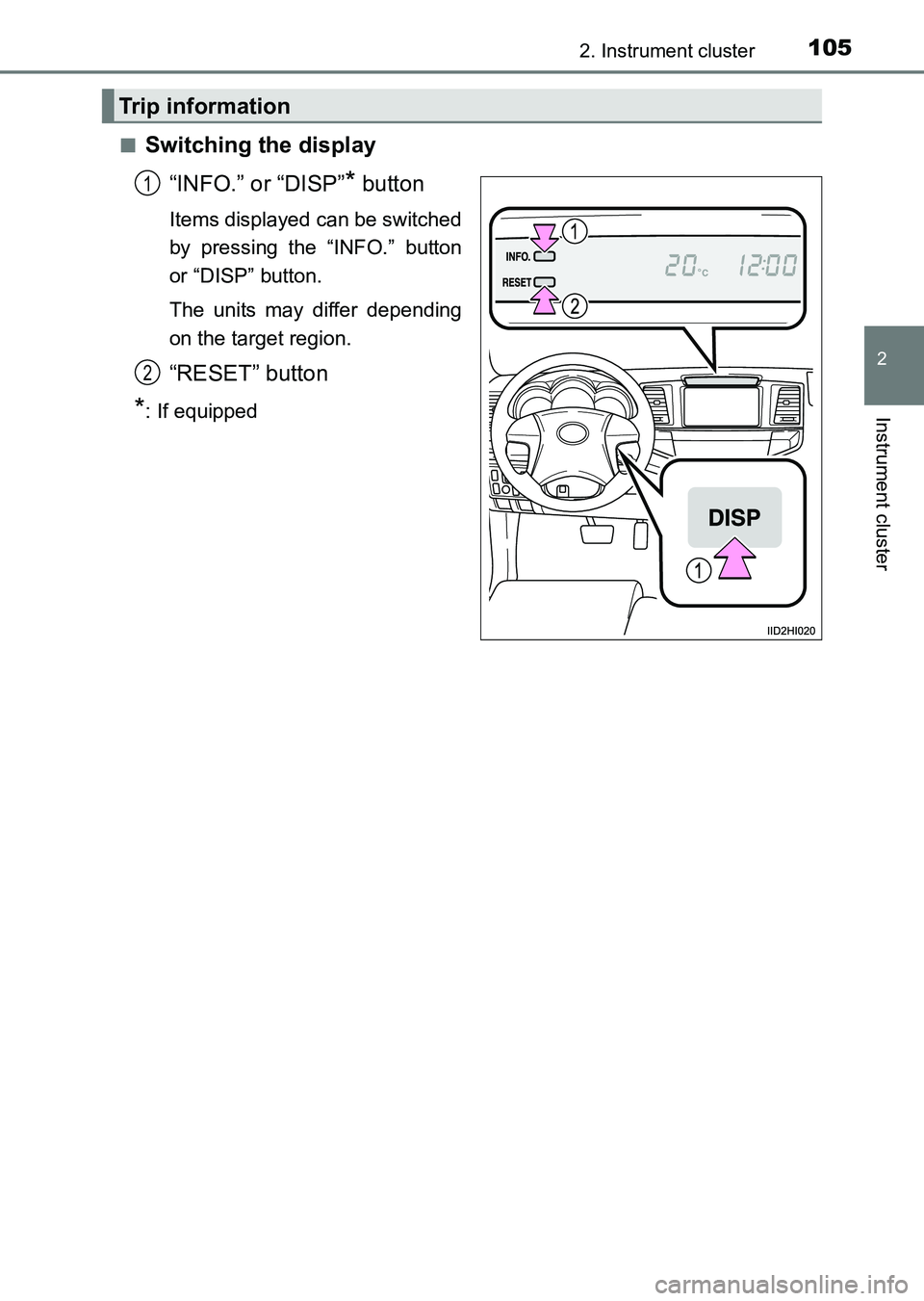 TOYOTA HILUX 2015  Owners Manual (in English) 1052. Instrument cluster
2
Instrument cluster
HILUX_OM_OM0K219E_(EE)■
Switching the display
“INFO.” or “DISP”
* button
Items displayed can be switched
by pressing the “INFO.” button
or 