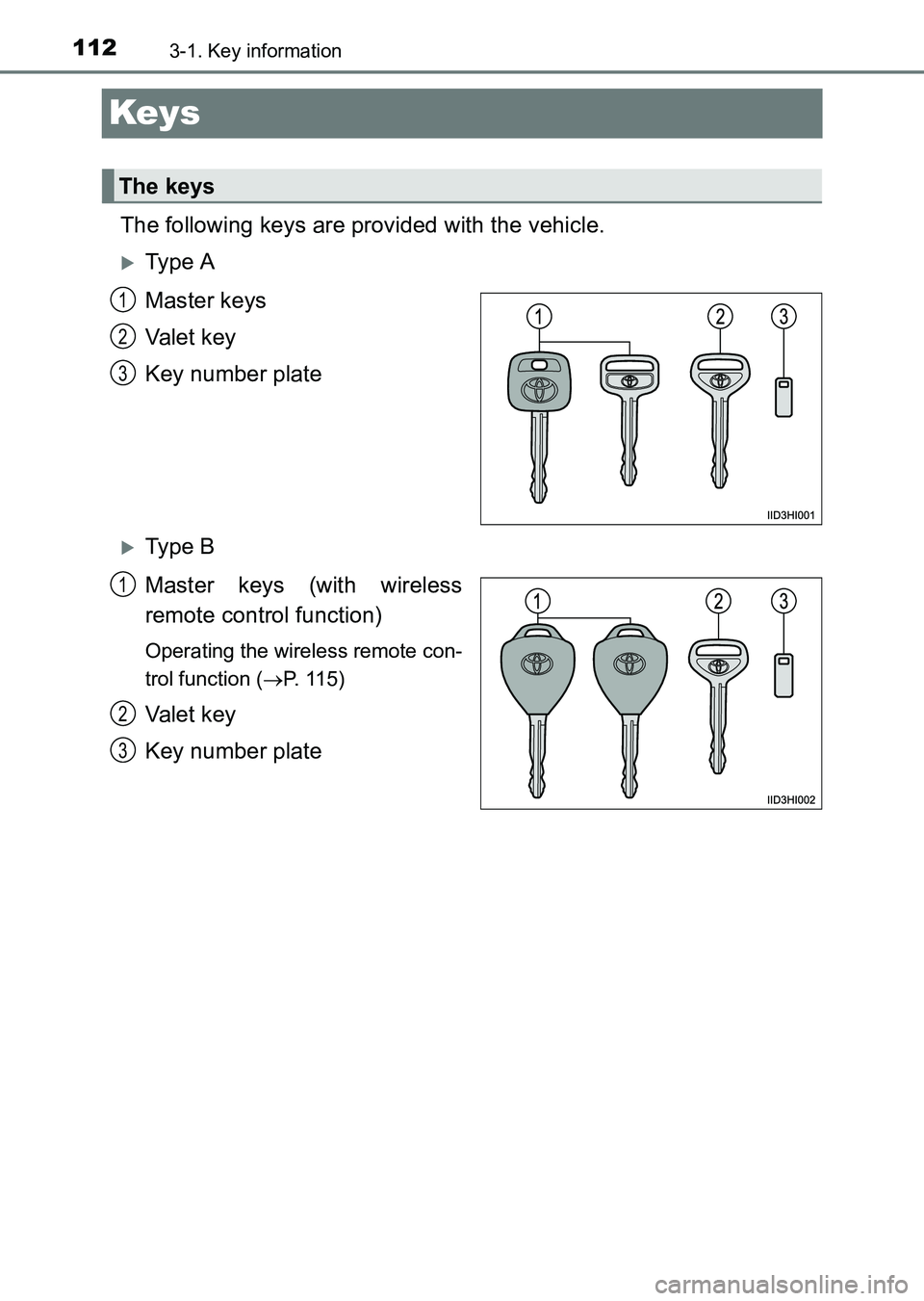 TOYOTA HILUX 2015  Owners Manual (in English) 1123-1. Key information
HILUX_OM_OM0K219E_(EE)
Keys
The following keys are provided with the vehicle.
�XTy pe  A
Master keys
Va l e t  k e y
Key number plate
�XTy pe  B
Master keys (with wireless
remo