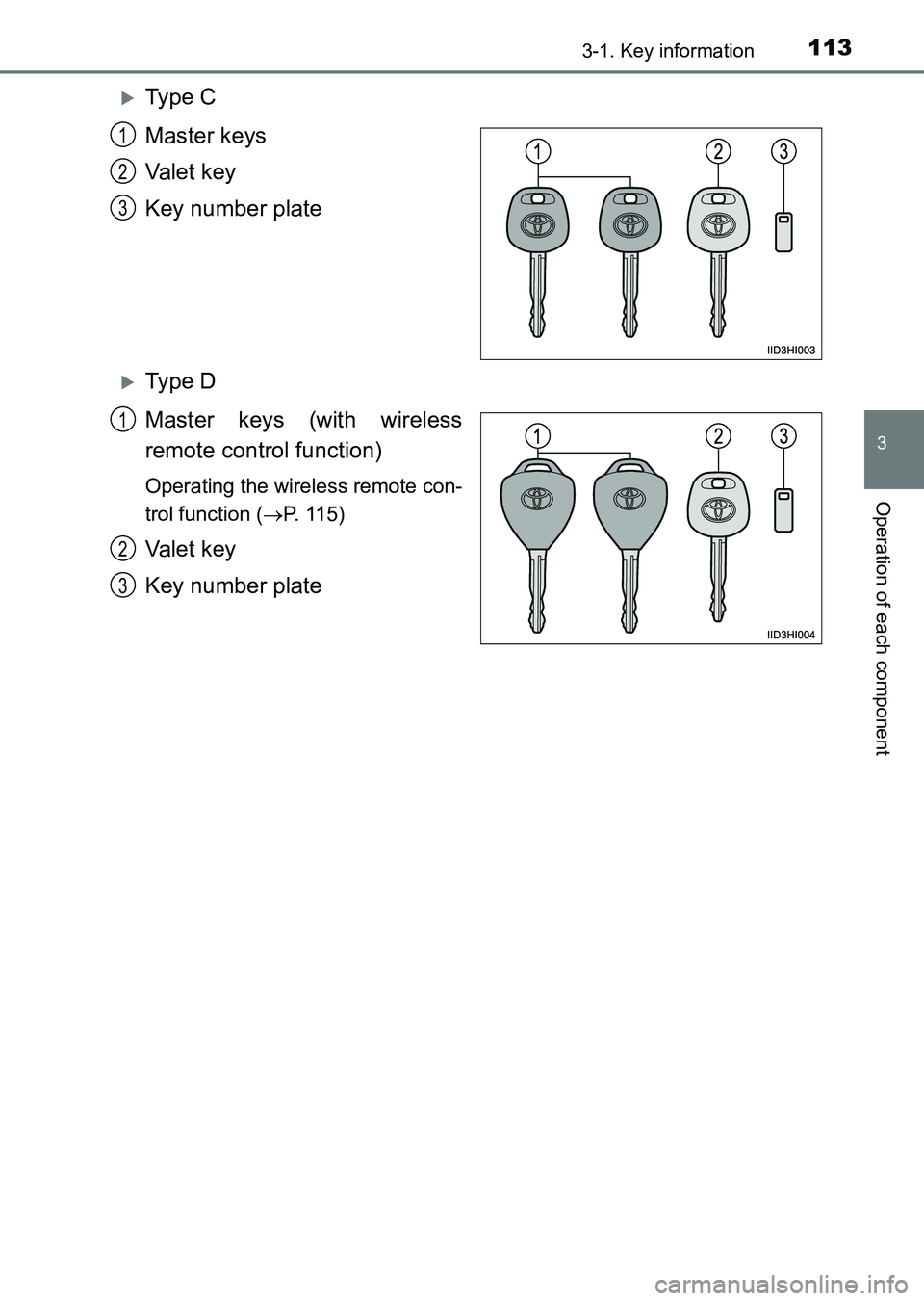 TOYOTA HILUX 2015  Owners Manual (in English) 1133-1. Key information
3
Operation of each component
HILUX_OM_OM0K219E_(EE)
�XTy pe  C
Master keys
Va l e t  k e y
Key number plate
�XTy pe  D
Master keys (with wireless
remote control function)
Oper