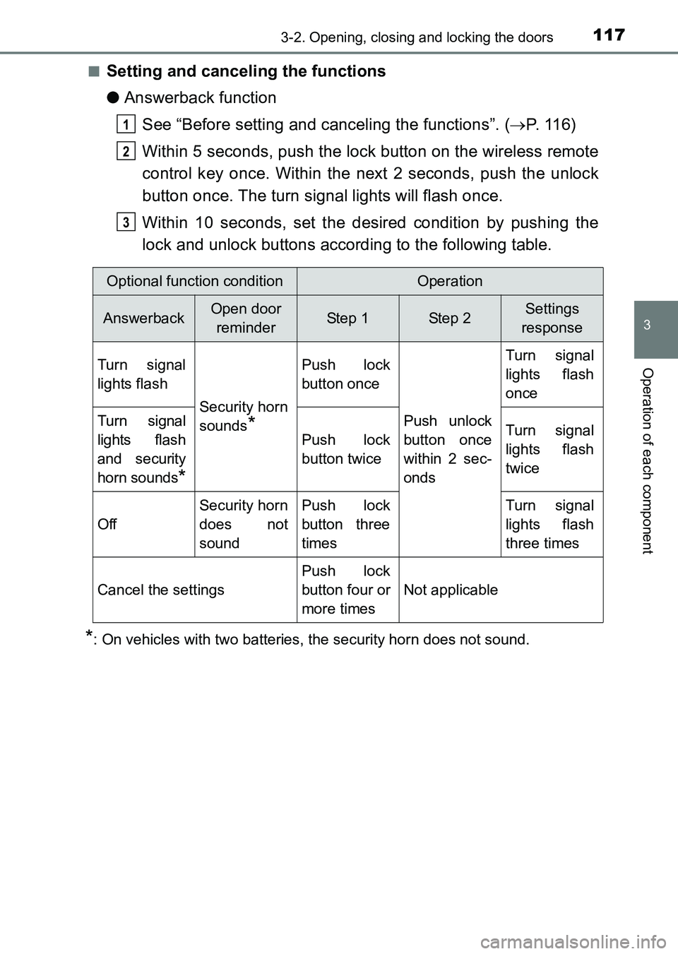 TOYOTA HILUX 2015  Owners Manual (in English) 1173-2. Opening, closing and locking the doors
3
Operation of each component
HILUX_OM_OM0K219E_(EE)■
Setting and canceling the functions
●
Answerback function
See “Before setting and canceling t