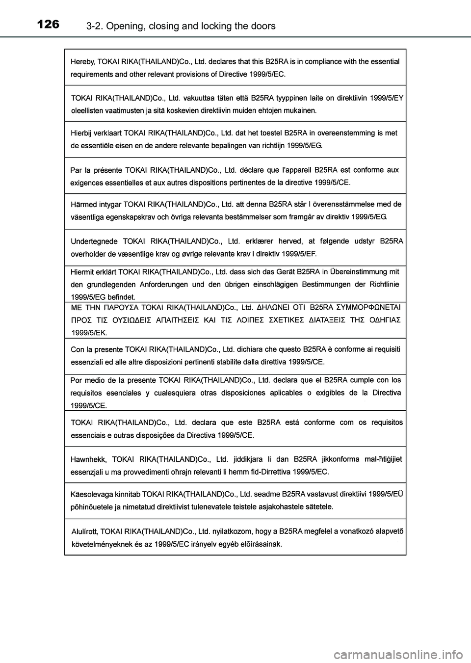 TOYOTA HILUX 2015  Owners Manual (in English) 1263-2. Opening, closing and locking the doors
HILUX_OM_OM0K219E_(EE)
HILUX_OM_OM0K219E_(EE).book  Page 126  Wednesday, May 14, 2014  3:06 PM 