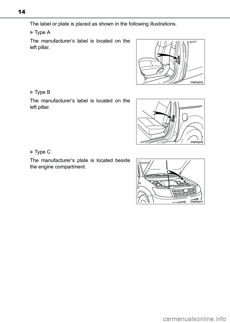 TOYOTA HILUX 2015   (in English) User Guide 14
HILUX_OM_OM0K219E_(EE)The label or plate is placed as shown in the following illustrations.
�XType A
�XType B
�XType C
The manufacturer’s label is located on the
left pillar.
The manufacturer’s