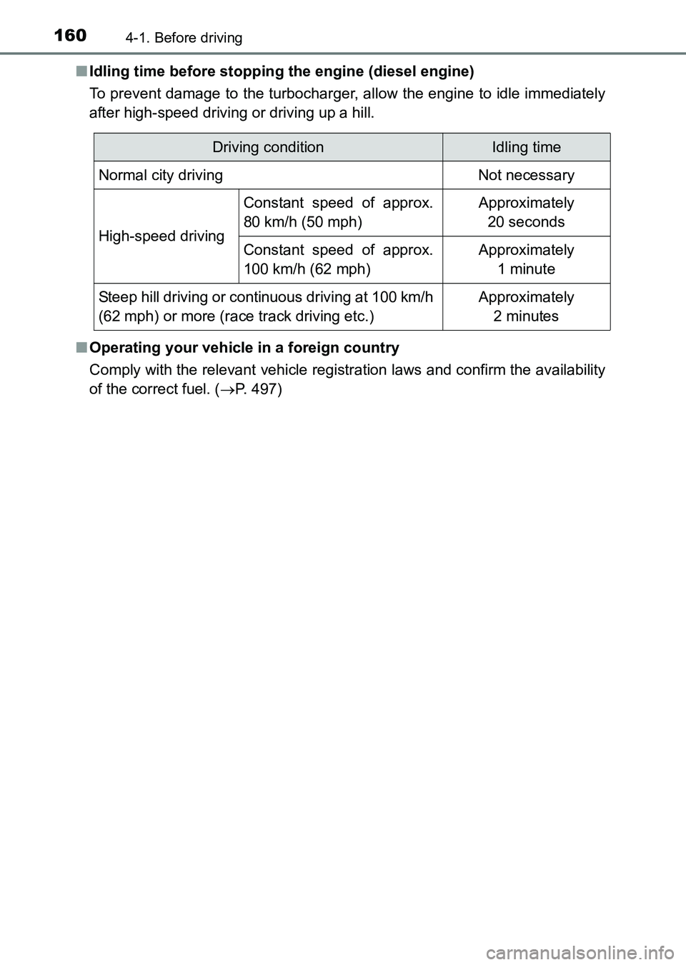 TOYOTA HILUX 2015  Owners Manual (in English) 1604-1. Before driving
HILUX_OM_OM0K219E_(EE)■
Idling time before stopping the engine (diesel engine)
To prevent damage to the turbocharger, allow the engine to idle immediately
after high-speed dri