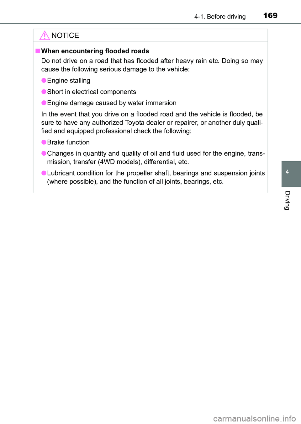 TOYOTA HILUX 2015  Owners Manual (in English) 1694-1. Before driving
4
Driving
HILUX_OM_OM0K219E_(EE)
NOTICE
■When encountering flooded roads
Do not drive on a road that has flooded after heavy rain etc. Doing so may
cause the following serious