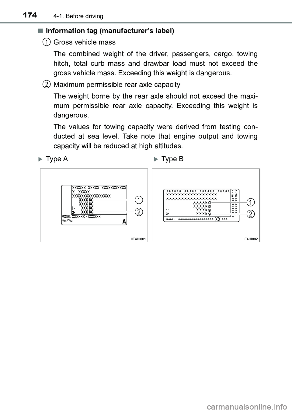 TOYOTA HILUX 2015  Owners Manual (in English) 1744-1. Before driving
HILUX_OM_OM0K219E_(EE)■
Information tag (manufacturer’s label)
Gross vehicle mass
The combined weight of the driver, passengers, cargo, towing
hitch, total curb mass and dra