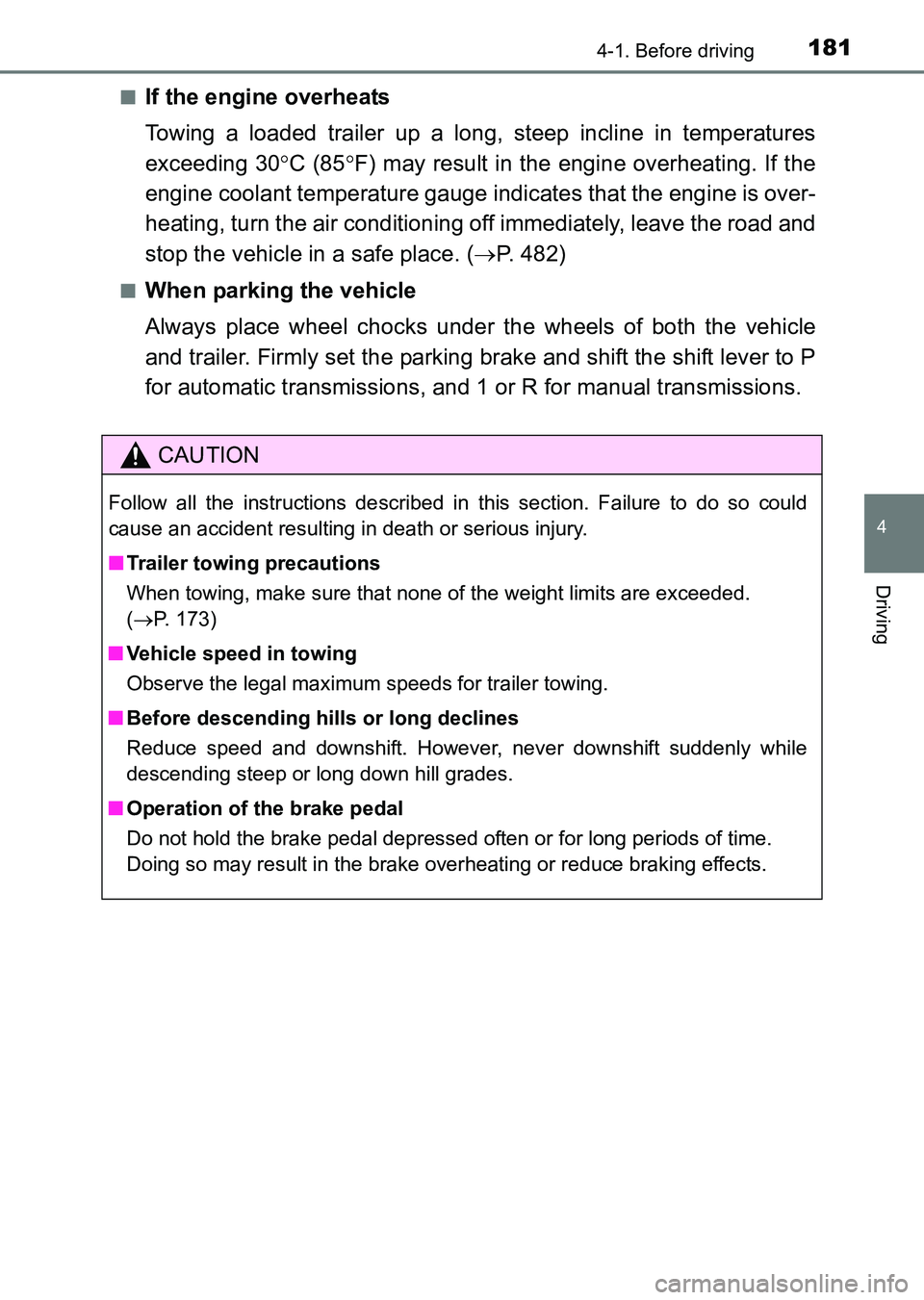 TOYOTA HILUX 2015  Owners Manual (in English) 1814-1. Before driving
4
Driving
HILUX_OM_OM0K219E_(EE)■
If the engine overheats
Towing a loaded trailer up a long, steep incline in temperatures
exceeding 30
°C (85 °F) may result in the engine o
