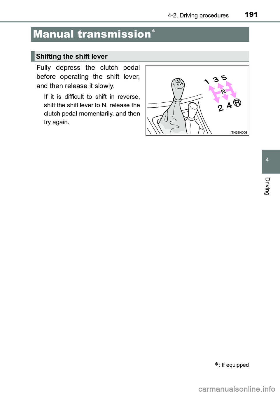 TOYOTA HILUX 2015  Owners Manual (in English) 191
4
4-2. Driving procedures
Driving
HILUX_OM_OM0K219E_(EE)
Manual transmission∗
Fully depress the clutch pedal
before operating the shift lever,
and then release it slowly.
If it is difficult to s