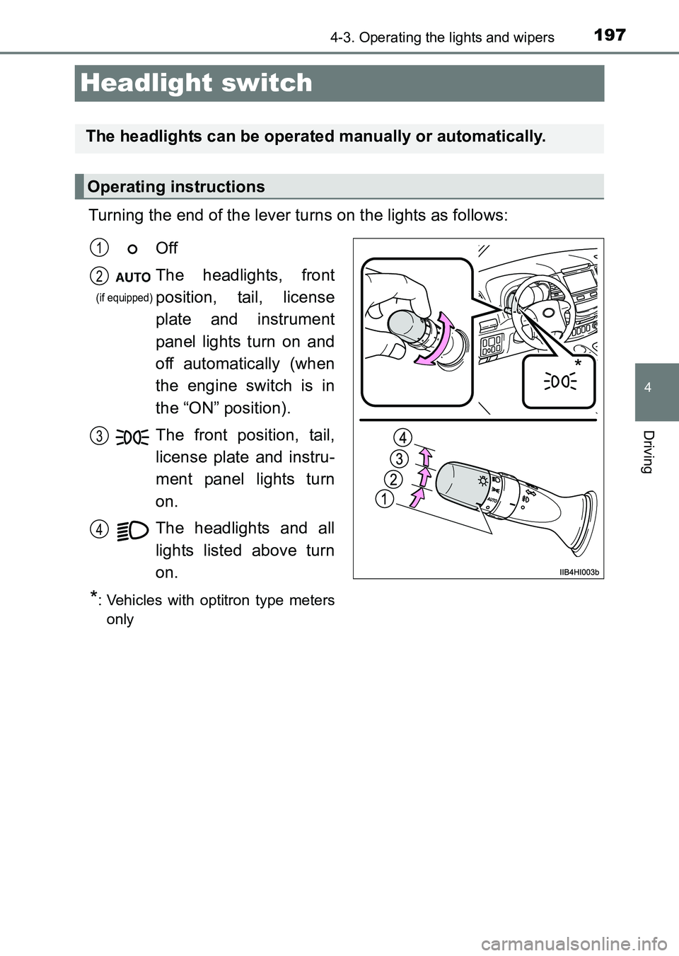TOYOTA HILUX 2015  Owners Manual (in English) 197
4
4-3. Operating the lights and wipers
Driving
HILUX_OM_OM0K219E_(EE)
Headlight switch
Turning the end of the lever turns on the lights as follows:
The headlights can be operated manually or autom