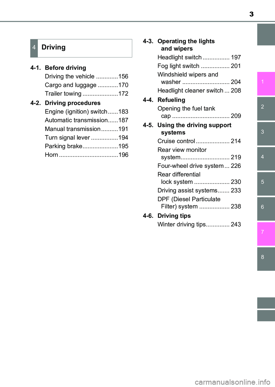 TOYOTA HILUX 2015 Owners Manual (in English) 3
1
8 7
6
5
4
3
2
HILUX_OM_OM0K219E_(EE)4-1. Before driving
Driving the vehicle .............156
Cargo and luggage ............170
Trailer towing .....................172
4-2. Driving procedures Engin TOYOTA HILUX 2015 Owners Manual (in English) 3
1
8 7
6
5
4
3
2
HILUX_OM_OM0K219E_(EE)4-1. Before driving
Driving the vehicle .............156
Cargo and luggage ............170
Trailer towing .....................172
4-2. Driving procedures Engin