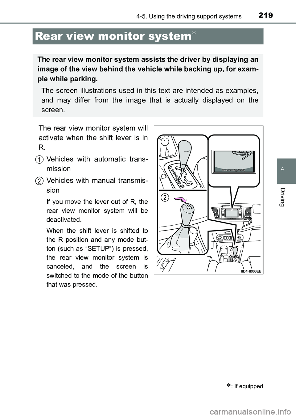 TOYOTA HILUX 2015  Owners Manual (in English) 219
4
4-5. Using the driving support systems
Driving
HILUX_OM_OM0K219E_(EE)
Rear view monitor system∗
The rear view monitor system will
activate when the shift lever is in
R.Vehicles with automatic 