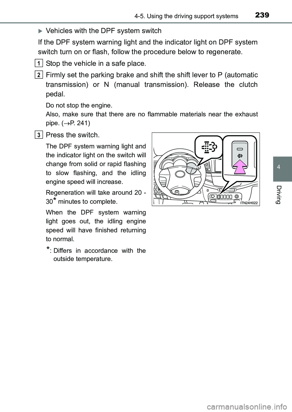 TOYOTA HILUX 2015  Owners Manual (in English) 2394-5. Using the driving support systems
4
Driving
HILUX_OM_OM0K219E_(EE)
�XVehicles with the DPF system switch
If the DPF system warning light and the indicator light on DPF system
switch turn on or