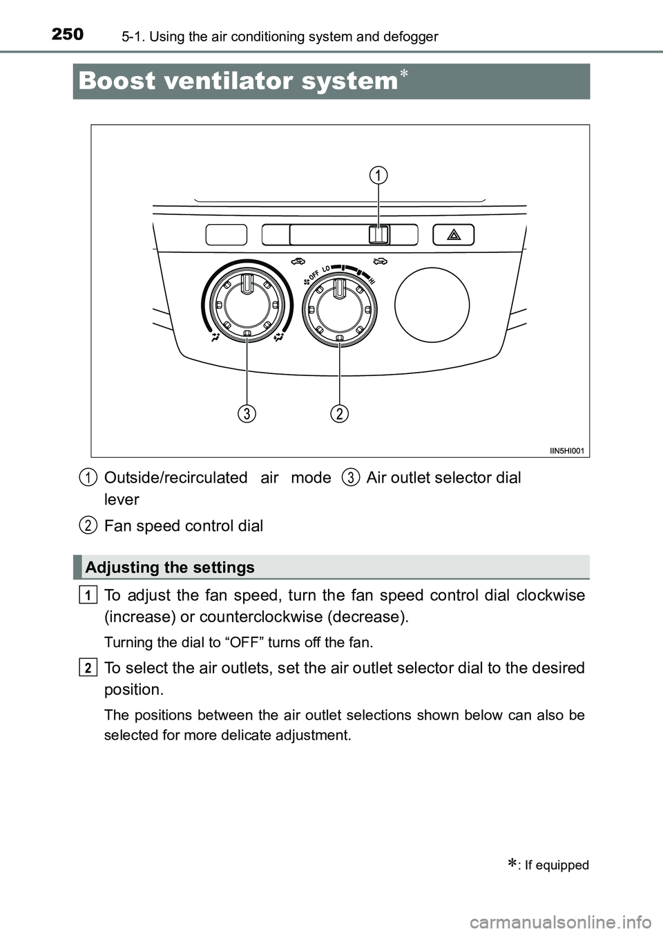 TOYOTA HILUX 2015  Owners Manual (in English) 2505-1. Using the air conditioning system and defogger
HILUX_OM_OM0K219E_(EE)
Boost ventilator system∗
To adjust the fan speed, turn the fan speed control dial clockwise
(increase) or counterclockwi