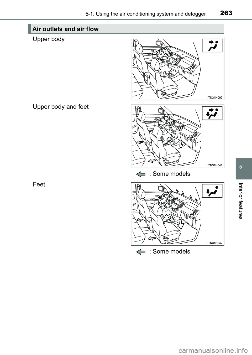 TOYOTA HILUX 2015  Owners Manual (in English) 2635-1. Using the air conditioning system and defogger
5
Interior features
HILUX_OM_OM0K219E_(EE)
Upper body
Upper body and feet: Some models
Feet
: Some models
Air outlets and air flow
HILUX_OM_OM0K2