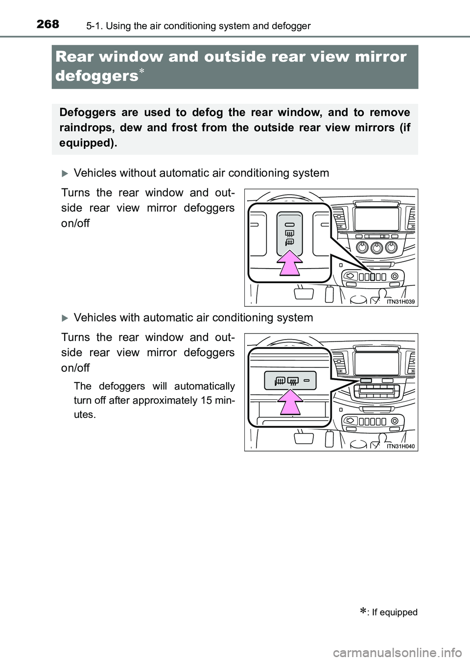 TOYOTA HILUX 2015  Owners Manual (in English) 2685-1. Using the air conditioning system and defogger
HILUX_OM_OM0K219E_(EE)
Rear window and outside rear view mirror 
defoggers
∗
�XVehicles without automatic air conditioning system
Turns the rea