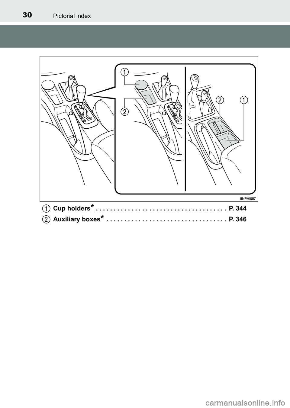 TOYOTA HILUX 2015   (in English) Owners Manual 30Pictorial index
HILUX_OM_OM0K219E_(EE)Cup holders
* . . . . . . . . . . . . . . . . . . . . . . . . . . . . . . . . . . . . .  P. 344
Auxiliary boxes
* . . . . . . . . . . . . . . . . . . . . . . . 