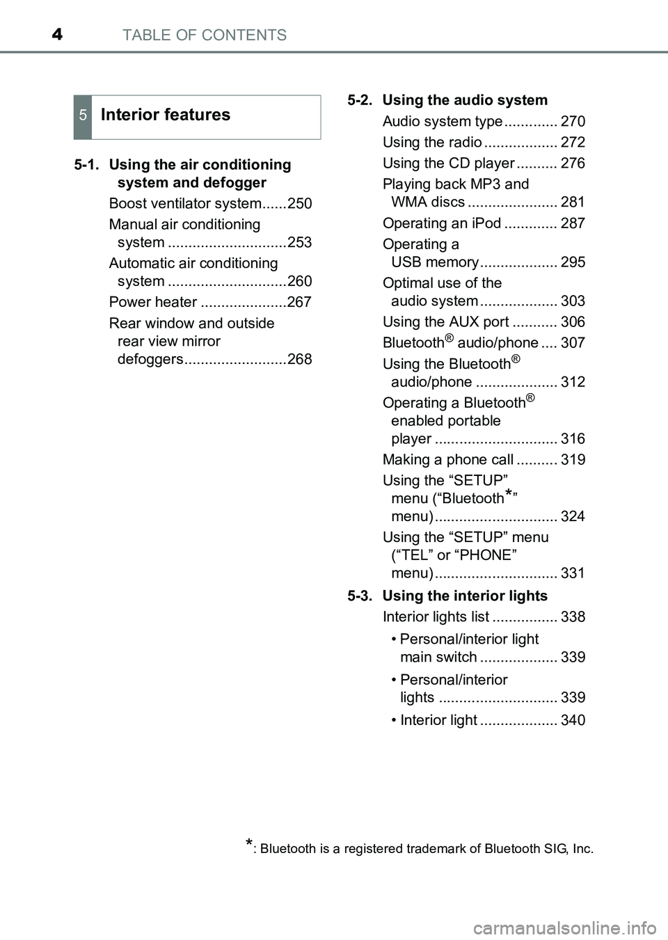 TOYOTA HILUX 2015  Owners Manual (in English) TABLE OF CONTENTS4
HILUX_OM_OM0K219E_(EE)5-1. Using the air conditioning 
system and defogger
Boost ventilator system......250
Manual air conditioning  system .............................253
Automati