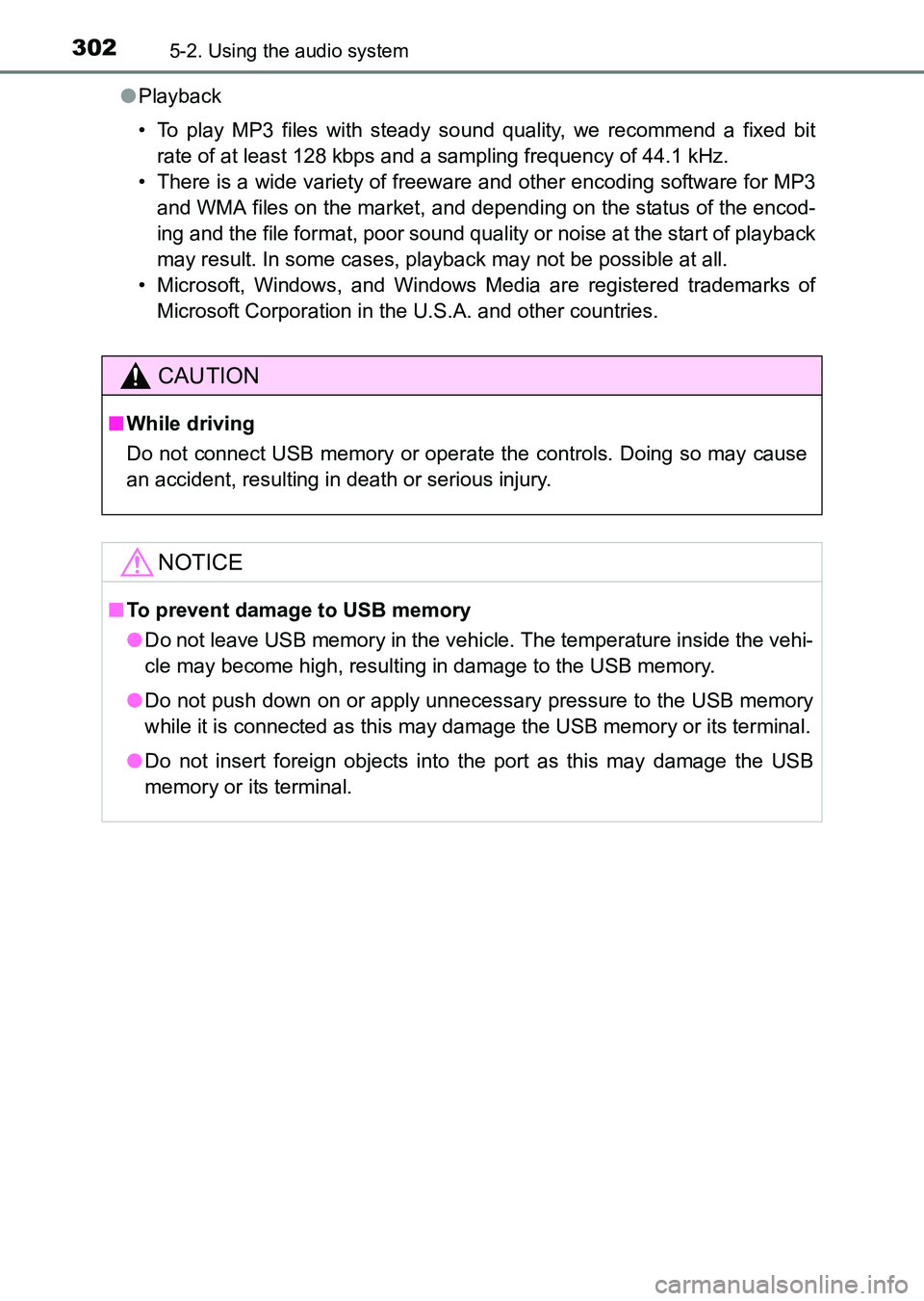 TOYOTA HILUX 2015  Owners Manual (in English) 3025-2. Using the audio system
HILUX_OM_OM0K219E_(EE)●
Playback
• To play MP3 files with steady s ound quality, we recommend a fixed bit
rate of at least 128 kbps and a sampling frequency of 44.1 