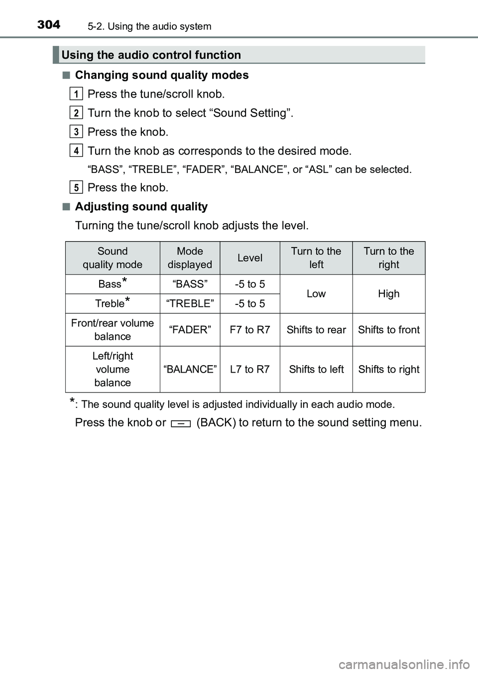 TOYOTA HILUX 2015  Owners Manual (in English) 3045-2. Using the audio system
HILUX_OM_OM0K219E_(EE)■
Changing sound quality modes
Press the tune/scroll knob.
Turn the knob to select “Sound Setting”.
Press the knob.
Turn the knob as correspo