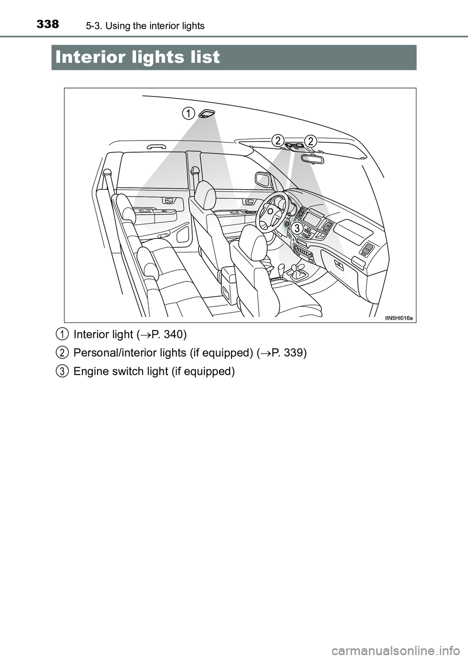 TOYOTA HILUX 2015  Owners Manual (in English) 3385-3. Using the interior lights
HILUX_OM_OM0K219E_(EE)
Interior lights list
Interior light (→P. 340)
Personal/interior lights (if equipped) ( →P. 339)
Engine switch light (if equipped)1
2
3
HILU