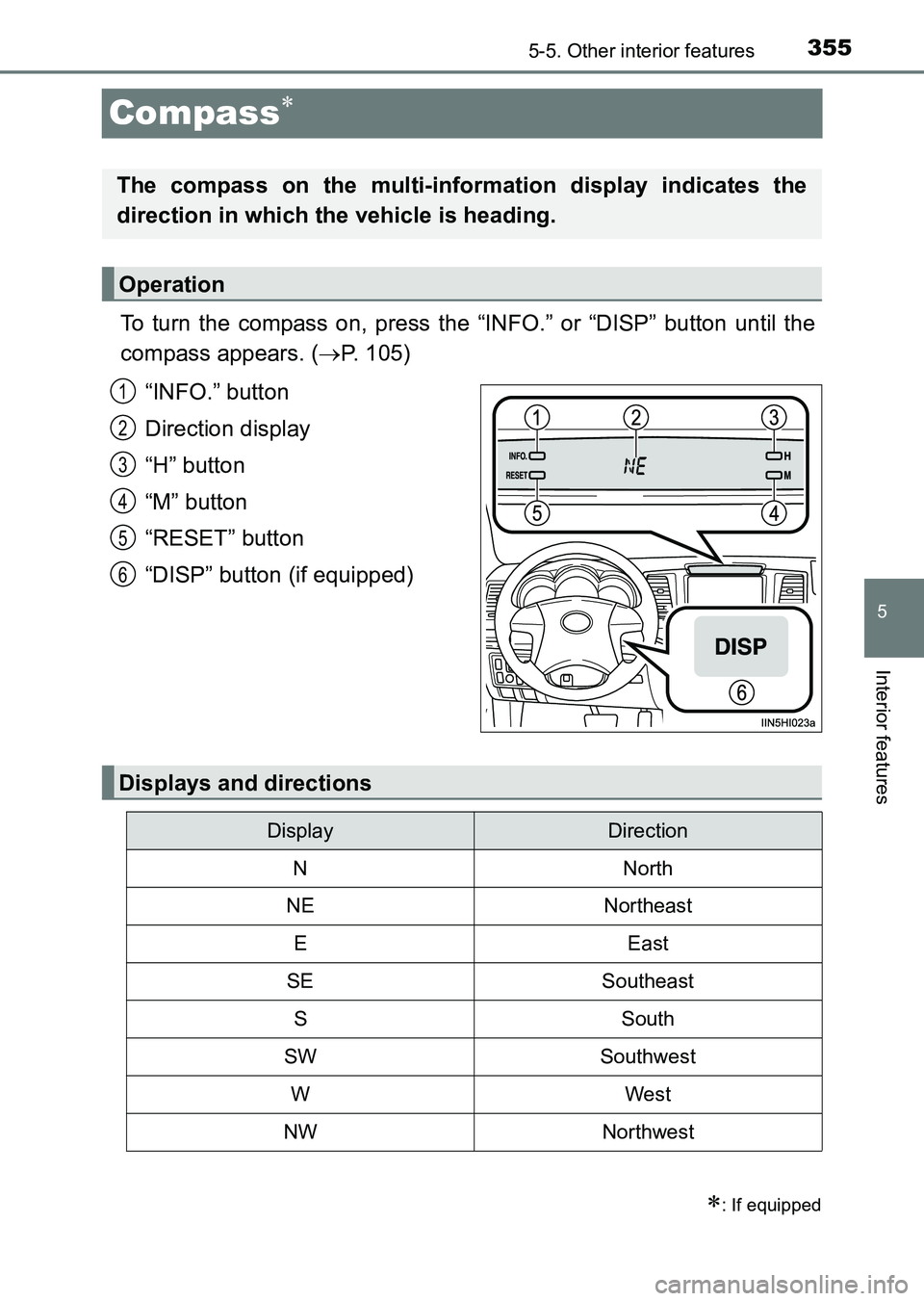 TOYOTA HILUX 2015  Owners Manual (in English) 355
5
5-5. Other interior features
Interior features
HILUX_OM_OM0K219E_(EE)
Compass∗
To turn the compass on, press the “INFO.” or “DISP” button until the
compass appears. (→P. 105)
“INFO