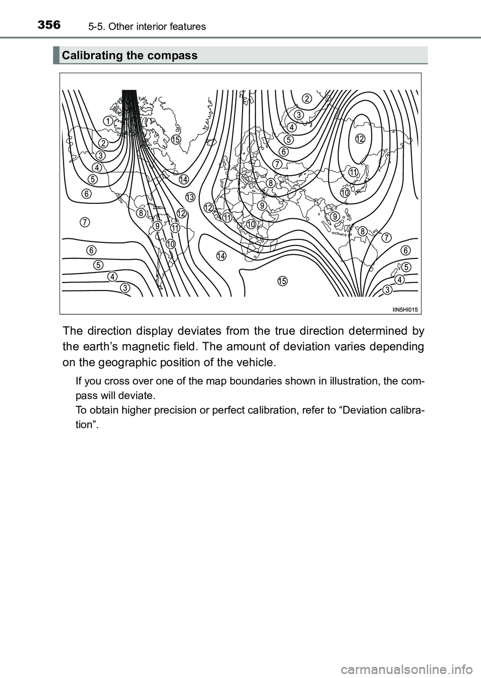 TOYOTA HILUX 2015  Owners Manual (in English) 3565-5. Other interior features
HILUX_OM_OM0K219E_(EE)
The direction display deviates from the true direction determined by
the earth’s magnetic field. The amount of deviation varies depending
on th