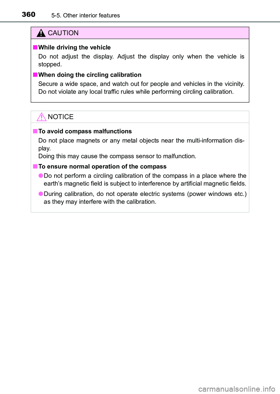 TOYOTA HILUX 2015 Owners Manual (in English) 3605-5. Other interior features
HILUX_OM_OM0K219E_(EE)
CAUTION
■While driving the vehicle
Do not adjust the display. Adjust the display only when the vehicle is
stopped.
■
When doing the circling TOYOTA HILUX 2015 Owners Manual (in English) 3605-5. Other interior features
HILUX_OM_OM0K219E_(EE)
CAUTION
■While driving the vehicle
Do not adjust the display. Adjust the display only when the vehicle is
stopped.
■
When doing the circling