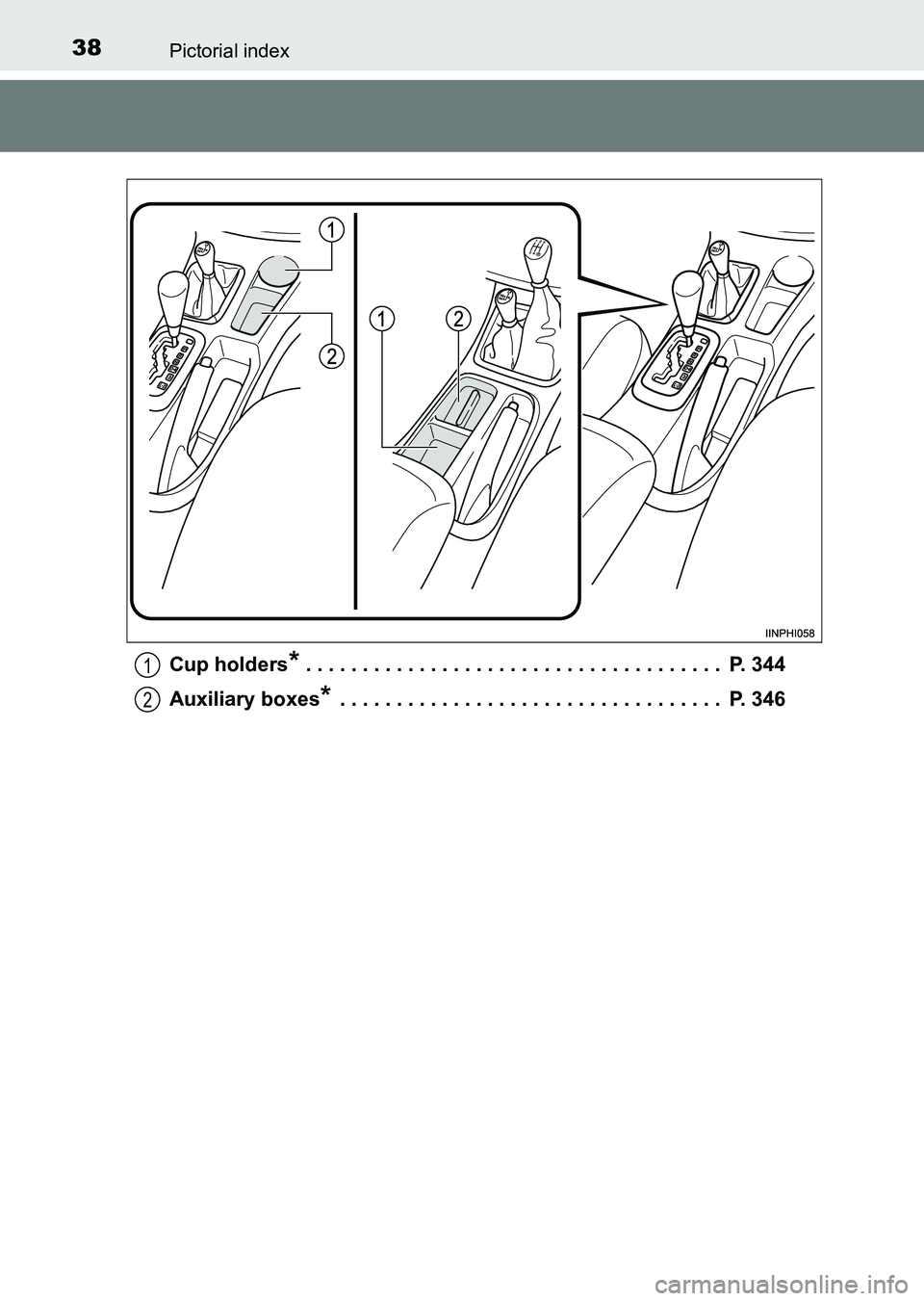 TOYOTA HILUX 2015   (in English) Owners Guide 38Pictorial index
HILUX_OM_OM0K219E_(EE)Cup holders
* . . . . . . . . . . . . . . . . . . . . . . . . . . . . . . . . . . . . .  P. 344
Auxiliary boxes
* . . . . . . . . . . . . . . . . . . . . . . . 