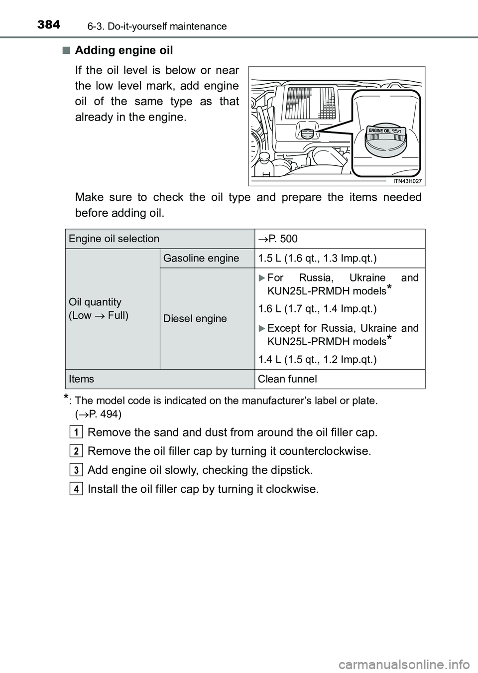 TOYOTA HILUX 2015  Owners Manual (in English) 3846-3. Do-it-yourself maintenance
HILUX_OM_OM0K219E_(EE)■
Adding engine oil
If the oil level is below or near
the low level mark, add engine
oil of the same type as that
already in the engine.
Make