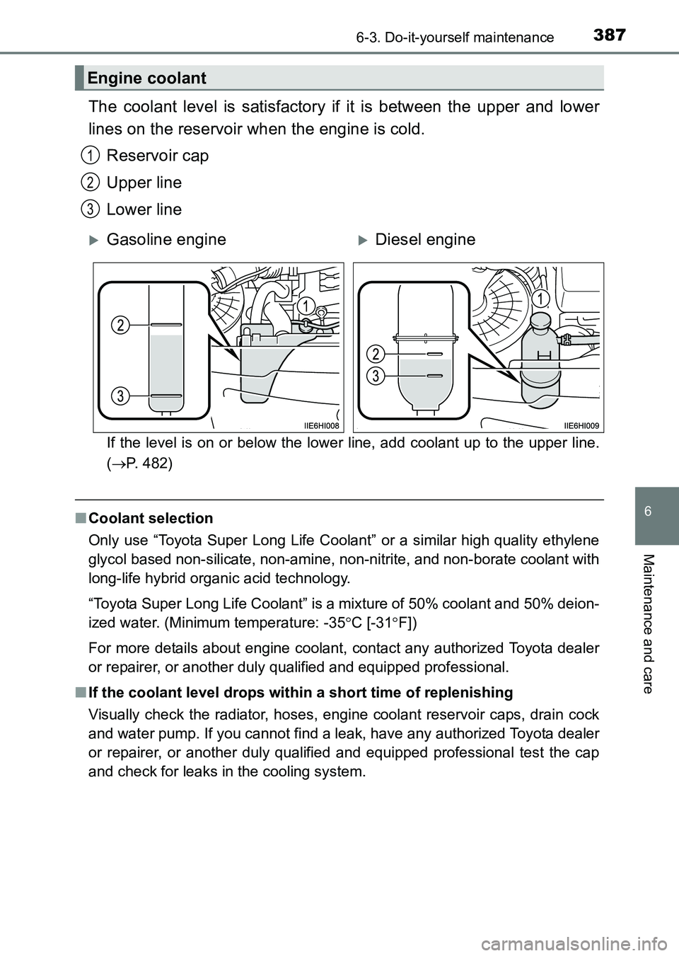 TOYOTA HILUX 2015  Owners Manual (in English) 3876-3. Do-it-yourself maintenance
6
Maintenance and care
HILUX_OM_OM0K219E_(EE)
The coolant level is satisfactory if it is between the upper and lower
lines on the reservoir when the engine is cold.R