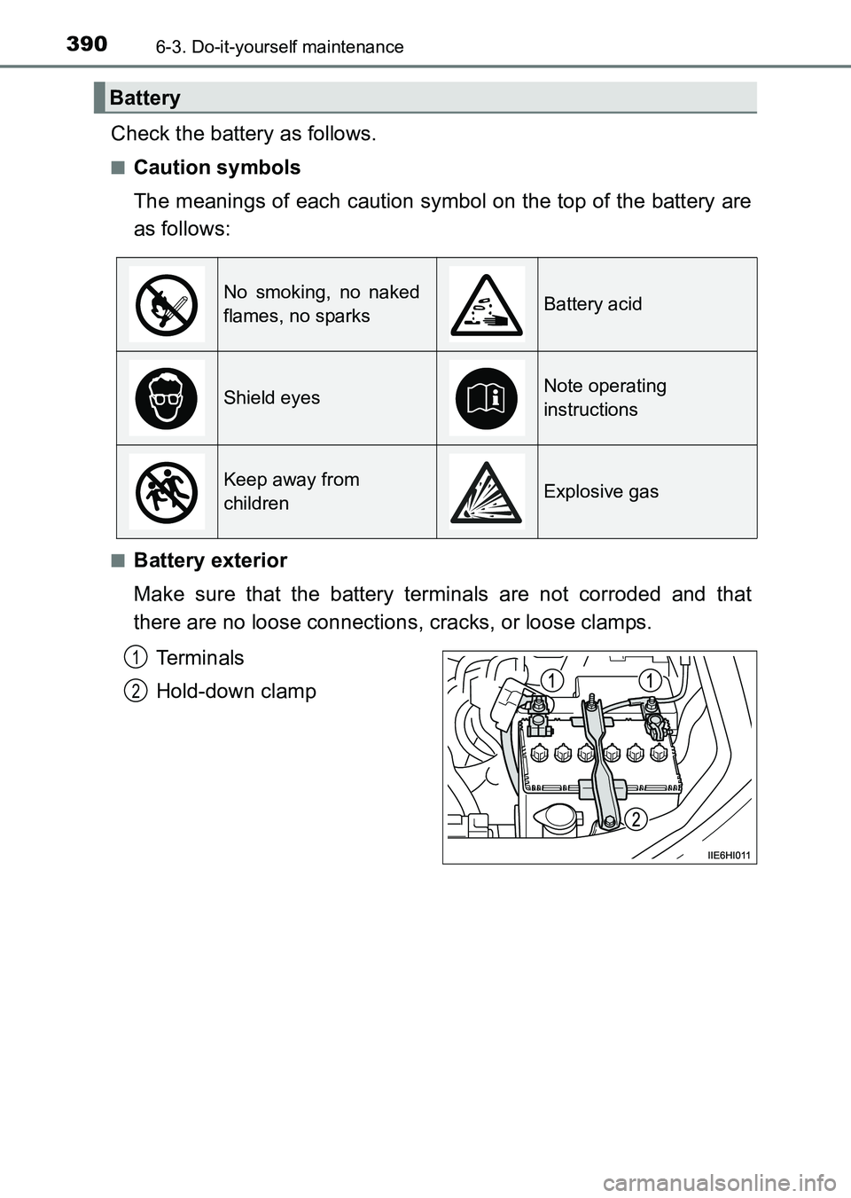 TOYOTA HILUX 2015  Owners Manual (in English) 3906-3. Do-it-yourself maintenance
HILUX_OM_OM0K219E_(EE)
Check the battery as follows.
■Caution symbols
The meanings of each caution symbol on the top of the battery are
as follows:
■Battery exte