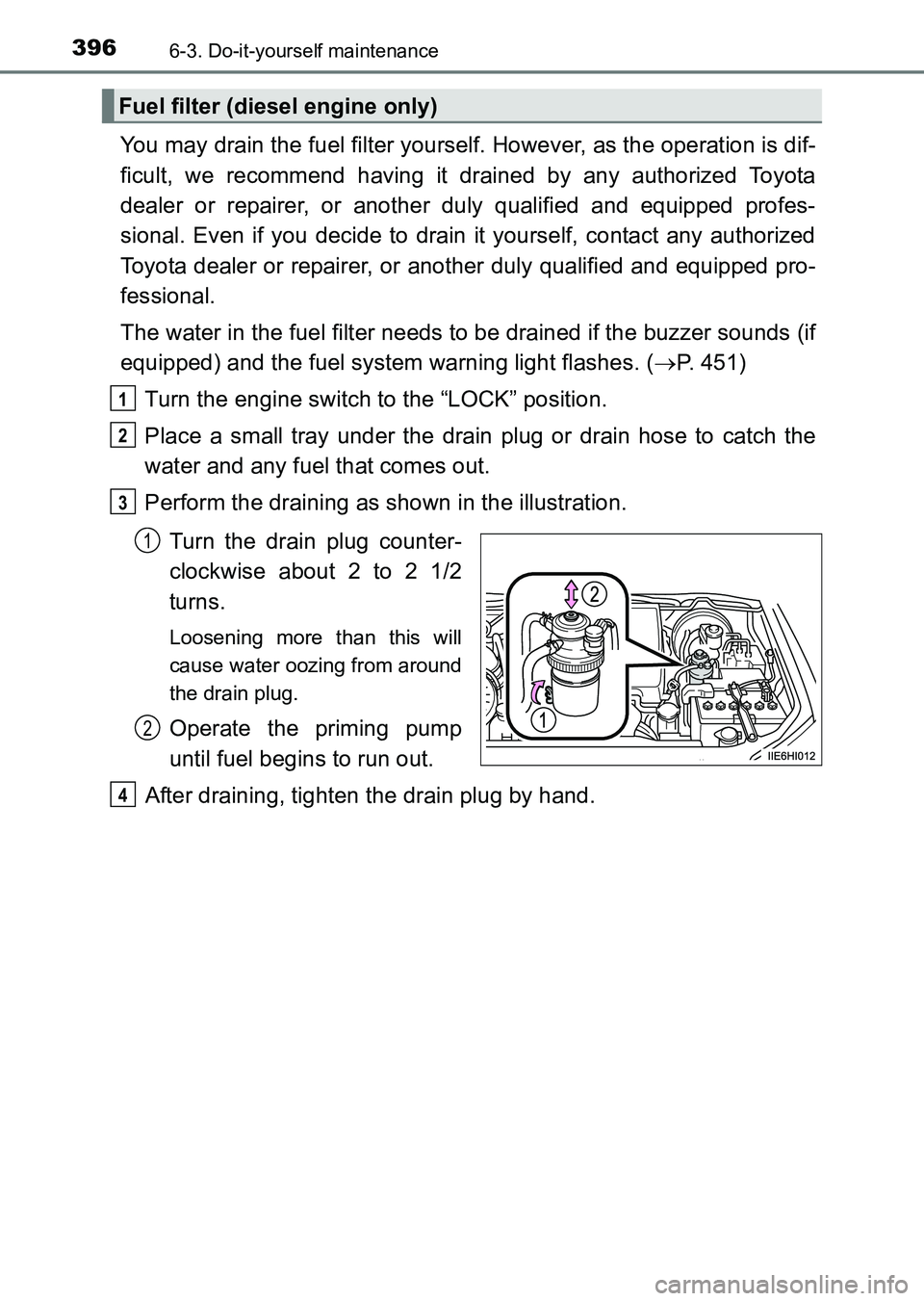 TOYOTA HILUX 2015  Owners Manual (in English) 3966-3. Do-it-yourself maintenance
HILUX_OM_OM0K219E_(EE)
You may drain the fuel filter yourself. However, as the operation is dif-
ficult, we recommend having it drained by any authorized Toyota
deal
