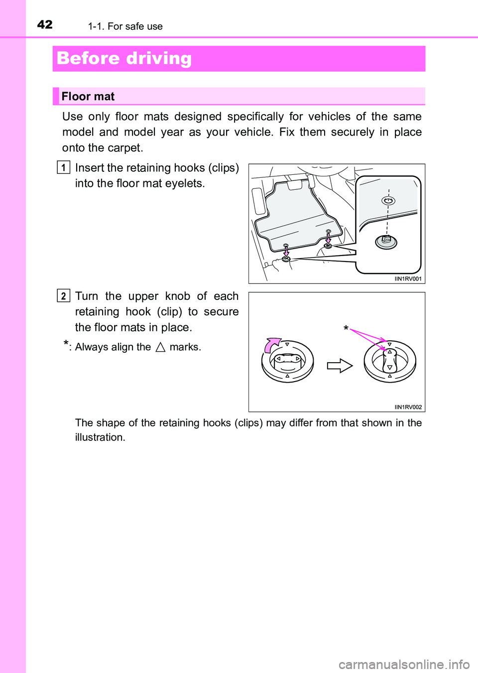 TOYOTA HILUX 2015   (in English) Service Manual 421-1. For safe use
HILUX_OM_OM0K219E_(EE)
Before driving
Use only floor mats designed specifically for vehicles of the same
model and model year as your vehicle. Fix them securely in place
onto the c