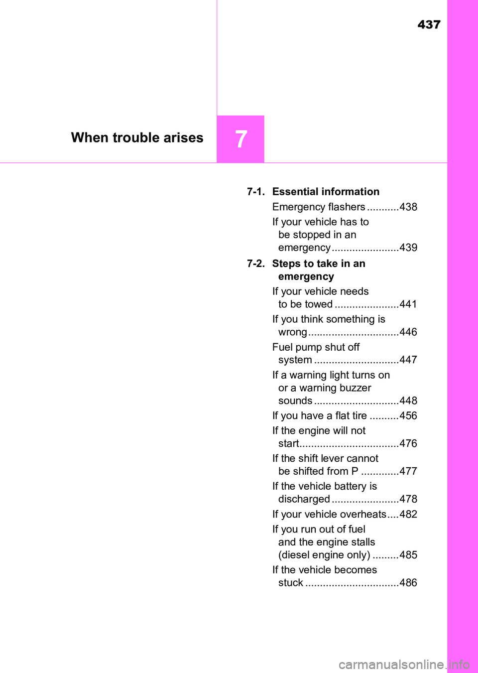 TOYOTA HILUX 2015  Owners Manual (in English) 437
7When trouble arises
HILUX_OM_OM0K219E_(EE)7-1. Essential information
Emergency flashers ........... 438
If your vehicle has to be stopped in an 
emergency ....................... 439
7-2. Steps t