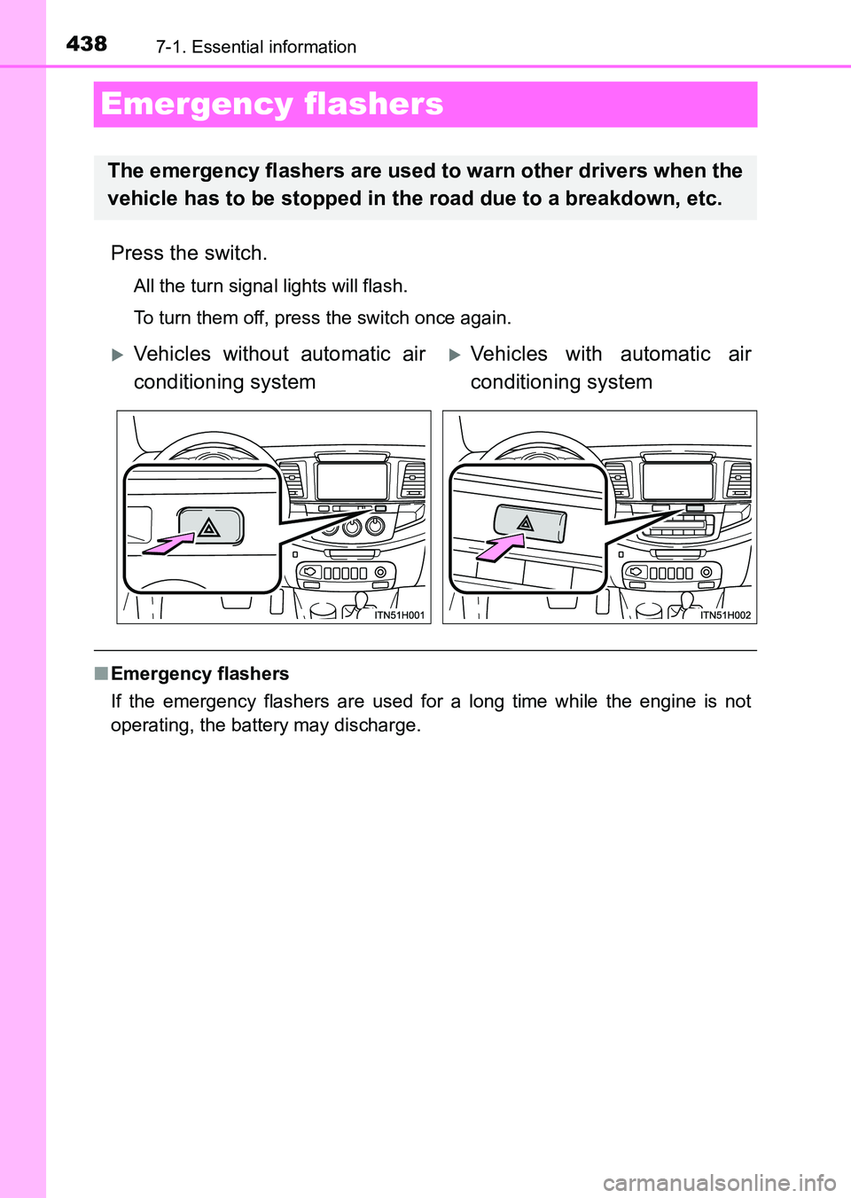 TOYOTA HILUX 2015  Owners Manual (in English) 4387-1. Essential information
HILUX_OM_OM0K219E_(EE)
Emergency flashers
Press the switch.
All the turn signal lights will flash.
To turn them off, press the switch once again.
■Emergency flashers
If