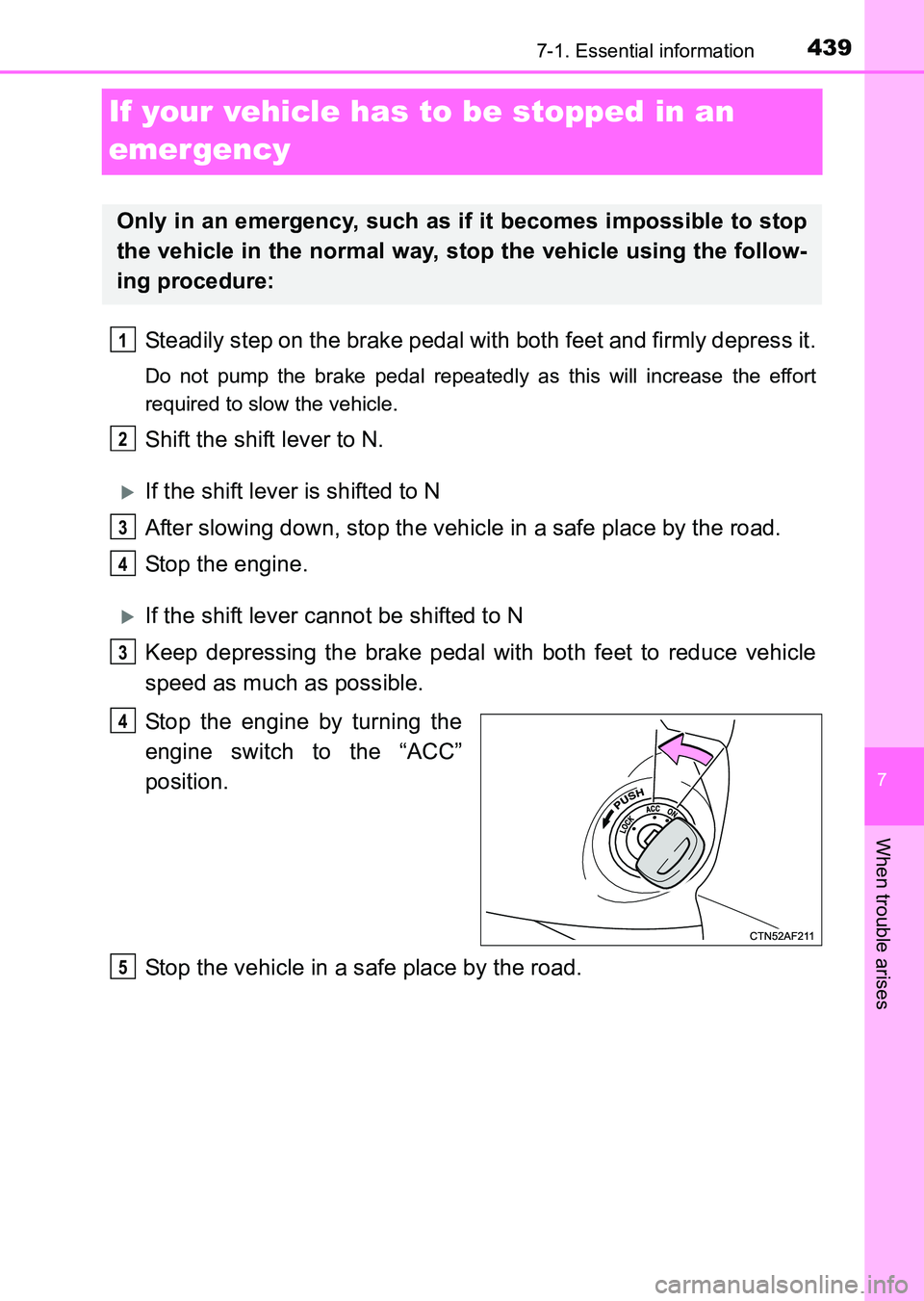 TOYOTA HILUX 2015  Owners Manual (in English) 439
7
7-1. Essential information
When trouble arises
HILUX_OM_OM0K219E_(EE)
If your vehicle has to be stopped in an 
emergency
Steadily step on the brake pedal with both feet and firmly depress it.
Do