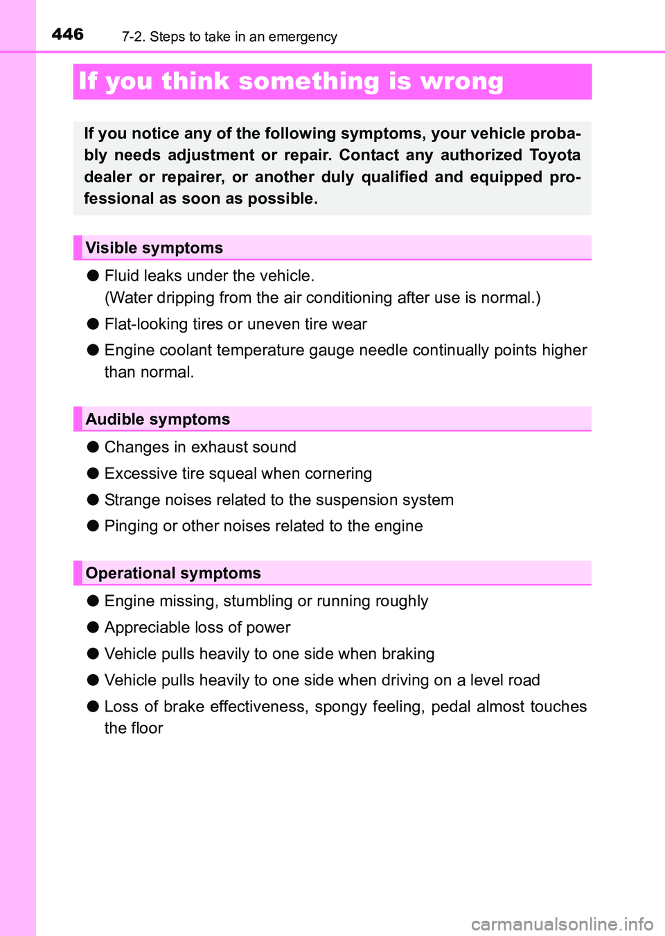 TOYOTA HILUX 2015  Owners Manual (in English) 4467-2. Steps to take in an emergency
HILUX_OM_OM0K219E_(EE)
If you think something is wrong
●Fluid leaks under the vehicle.
(Water dripping from the air conditioning after use is normal.)
● Flat-