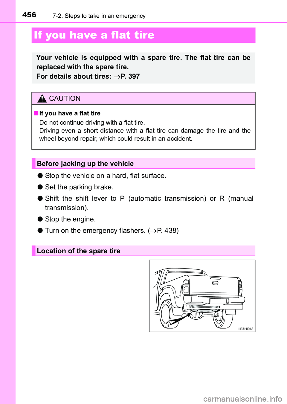 TOYOTA HILUX 2015  Owners Manual (in English) 4567-2. Steps to take in an emergency
HILUX_OM_OM0K219E_(EE)
If you have a flat tire
●Stop the vehicle on a hard, flat surface.
● Set the parking brake.
● Shift the shift lever to P (automatic t