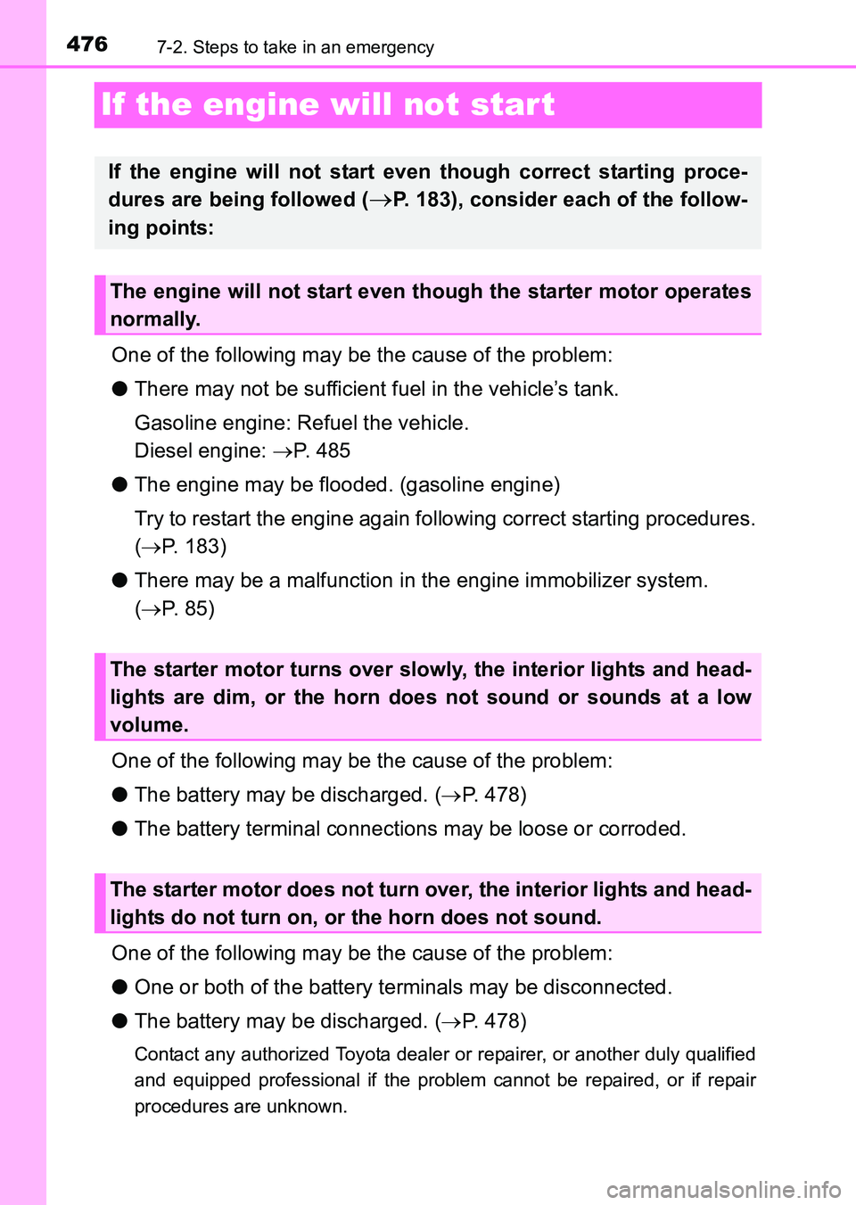 TOYOTA HILUX 2015  Owners Manual (in English) 4767-2. Steps to take in an emergency
HILUX_OM_OM0K219E_(EE)
If the engine will not star t
One of the following may be the cause of the problem:
●There may not be sufficient fuel in the vehicle’s 