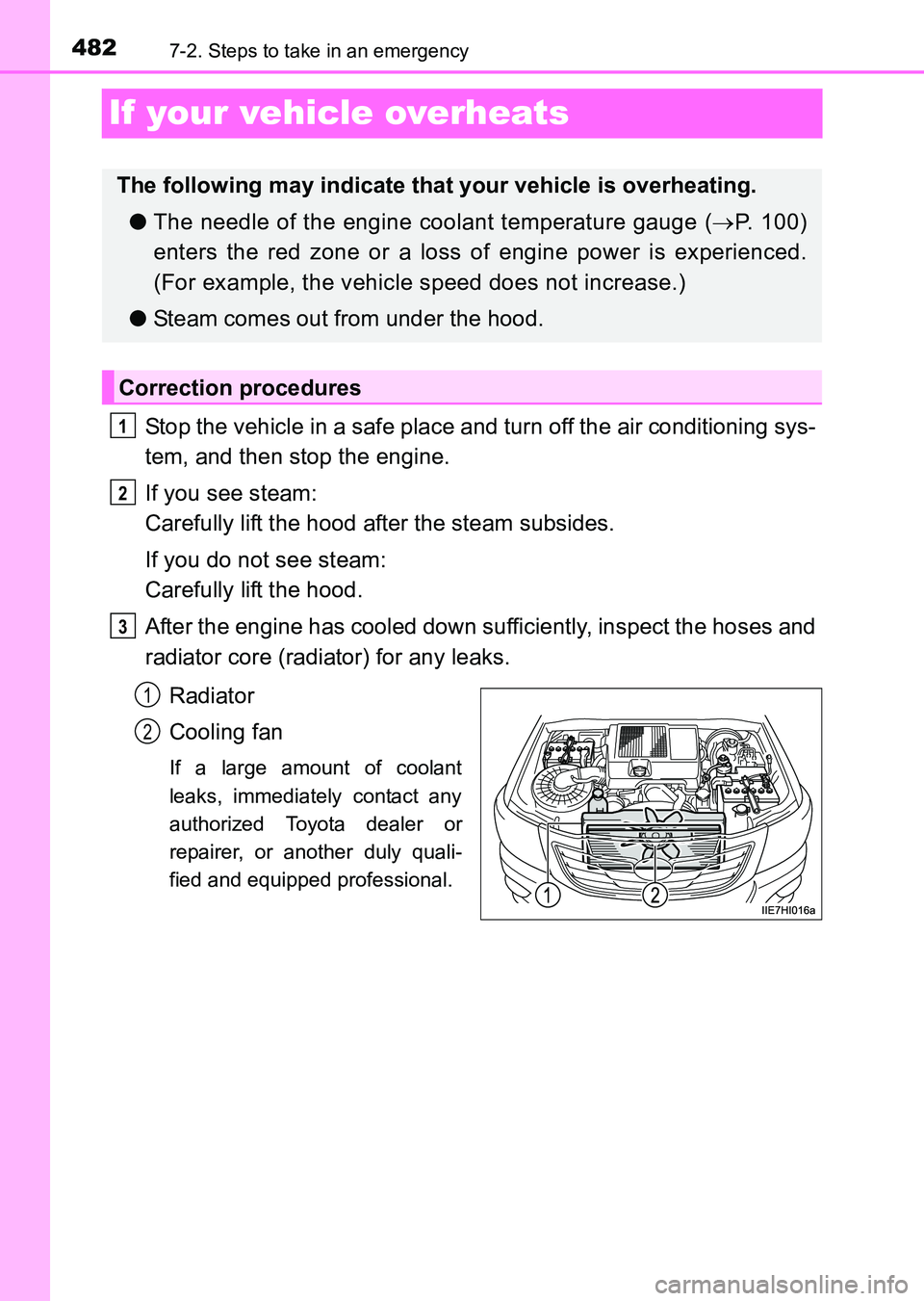 TOYOTA HILUX 2015  Owners Manual (in English) 4827-2. Steps to take in an emergency
HILUX_OM_OM0K219E_(EE)
If your vehicle overheats
Stop the vehicle in a safe place and turn off the air conditioning sys-
tem, and then stop the engine.
If you see