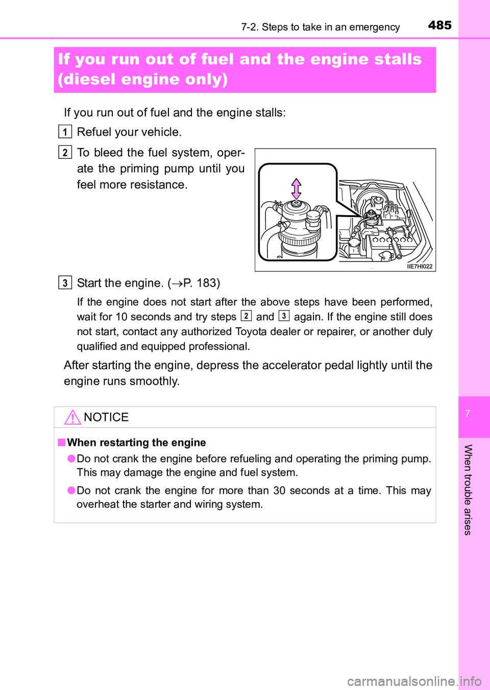 TOYOTA HILUX 2015  Owners Manual (in English) 485
7
7-2. Steps to take in an emergency
When trouble arises
HILUX_OM_OM0K219E_(EE)
If you run out of fuel and the engine stalls 
(diesel engine only)
If you run out of fuel and the engine stalls:Refu