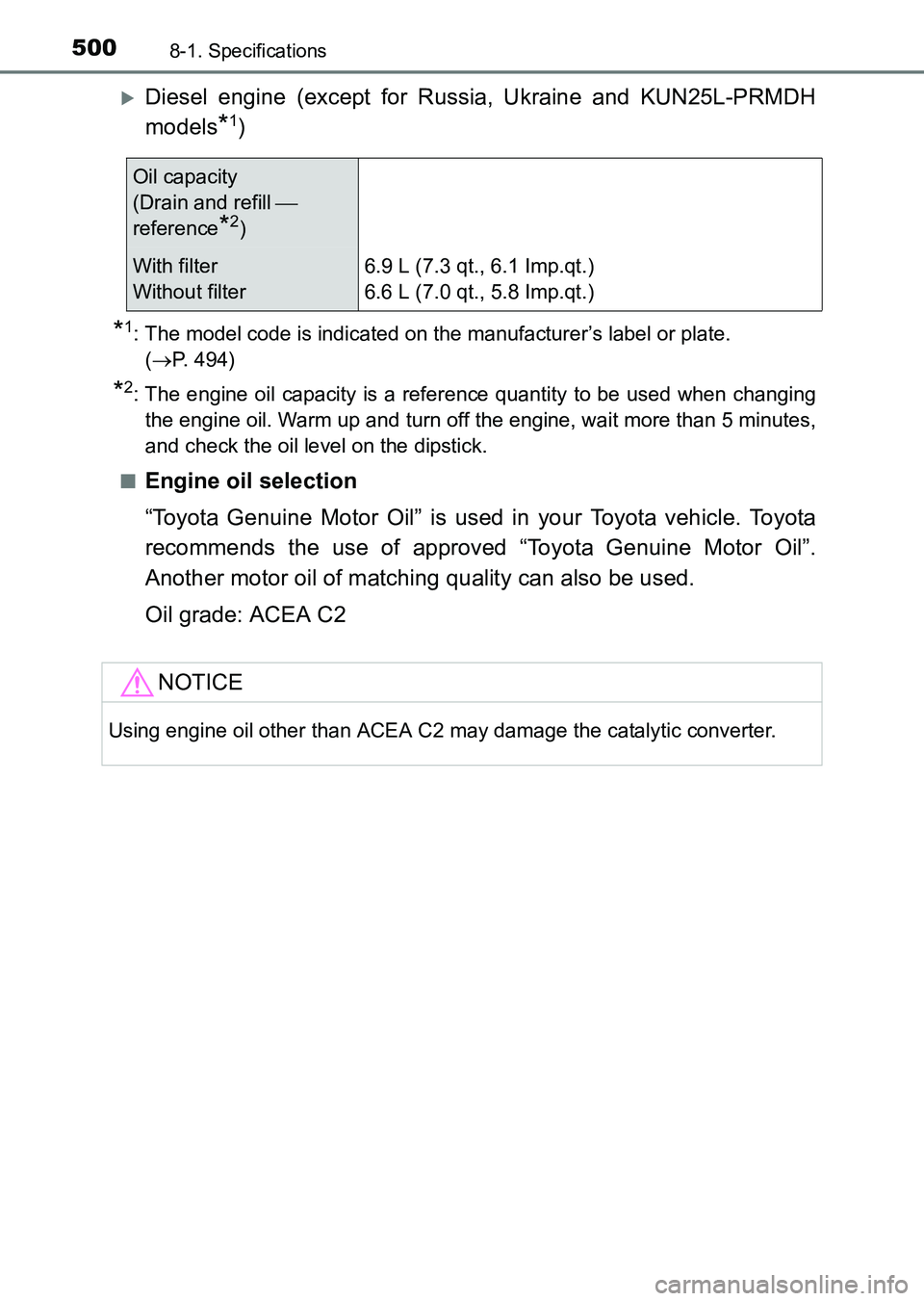 TOYOTA HILUX 2015  Owners Manual (in English) 5008-1. Specifications
HILUX_OM_OM0K219E_(EE)
�XDiesel engine (except for Russia, Ukraine and KUN25L-PRMDH
models
*1)
*1: The model code is indicated on the manufacturer’s label or plate. (→ P. 49