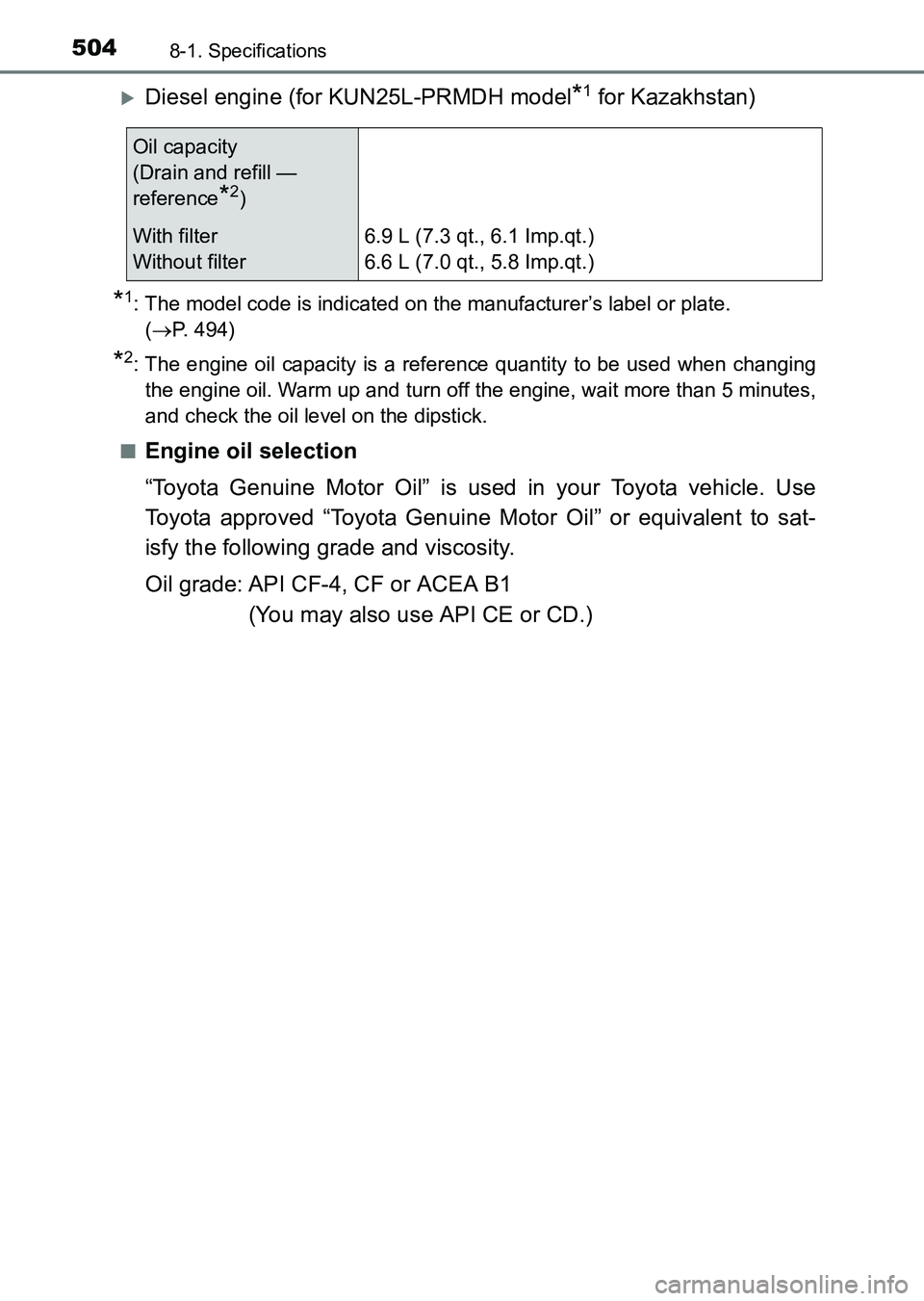 TOYOTA HILUX 2015  Owners Manual (in English) 5048-1. Specifications
HILUX_OM_OM0K219E_(EE)
�XDiesel engine (for KUN25L-PRMDH model*1 for Kazakhstan)
*1: The model code is indicated on the manufacturer’s label or plate. (→ P. 494)
*2: The eng