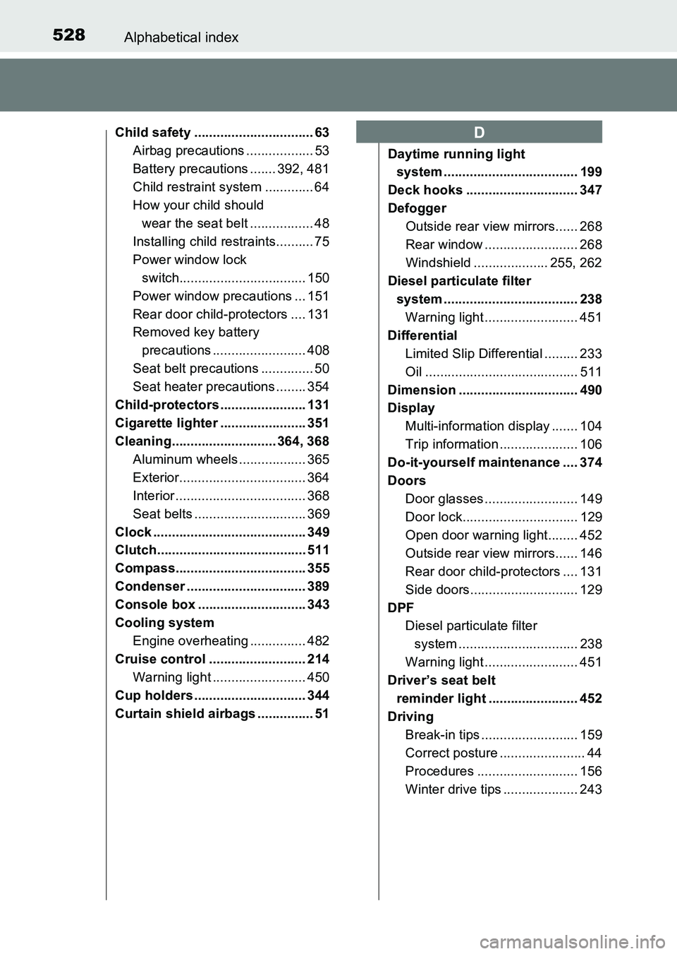 TOYOTA HILUX 2015  Owners Manual (in English) 528Alphabetical index
HILUX_OM_OM0K219E_(EE)
Child safety ................................ 63Airbag precautions .................. 53
Battery precautions ....... 392, 481
Child restraint system ......