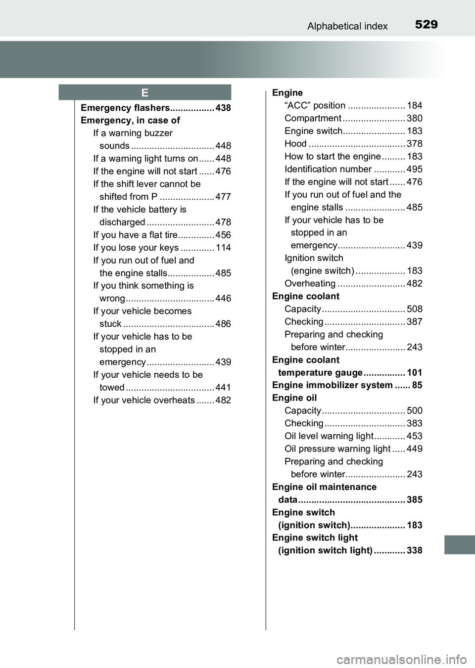 TOYOTA HILUX 2015  Owners Manual (in English) 529Alphabetical index
HILUX_OM_OM0K219E_(EE)
Emergency flashers................. 438
Emergency, in case ofIf a warning buzzer sounds ................................ 448
If a warning light turns on ..