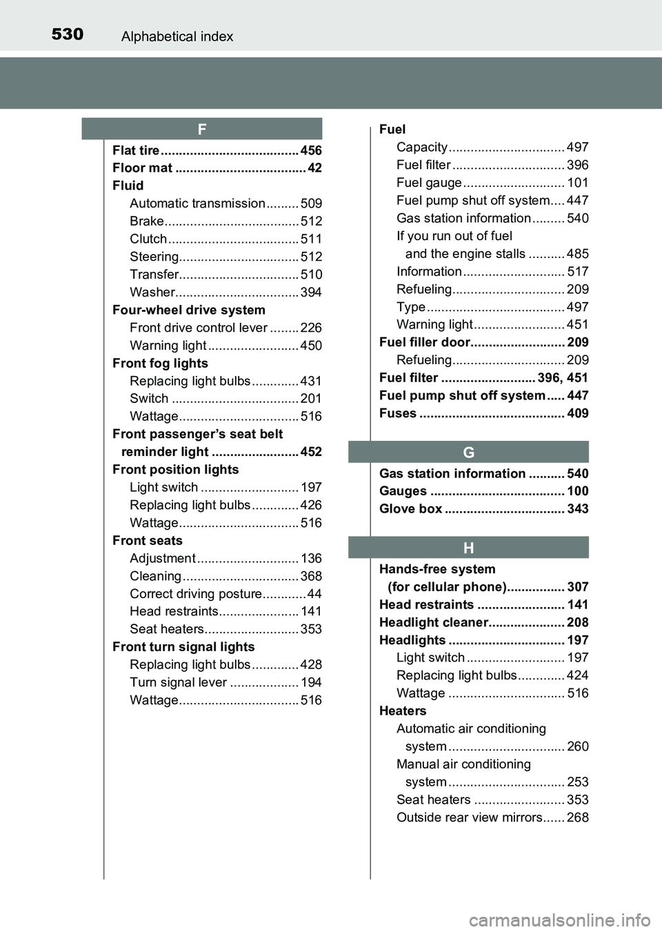 TOYOTA HILUX 2015 Owners Manual (in English) 530Alphabetical index
HILUX_OM_OM0K219E_(EE)
Flat tire ...................................... 456
Floor mat .................................... 42
FluidAutomatic transmission ......... 509
Brake..... TOYOTA HILUX 2015 Owners Manual (in English) 530Alphabetical index
HILUX_OM_OM0K219E_(EE)
Flat tire ...................................... 456
Floor mat .................................... 42
FluidAutomatic transmission ......... 509
Brake.....