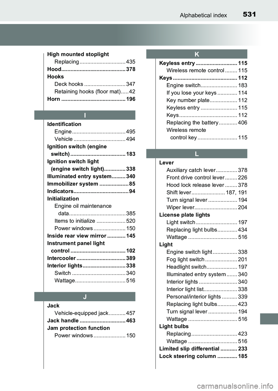 TOYOTA HILUX 2015 Owners Manual (in English) 531Alphabetical index
HILUX_OM_OM0K219E_(EE)
High mounted stoplightReplacing .............................. 435
Hood.......................................... 378
Hooks Deck hooks .................... TOYOTA HILUX 2015 Owners Manual (in English) 531Alphabetical index
HILUX_OM_OM0K219E_(EE)
High mounted stoplightReplacing .............................. 435
Hood.......................................... 378
Hooks Deck hooks ....................