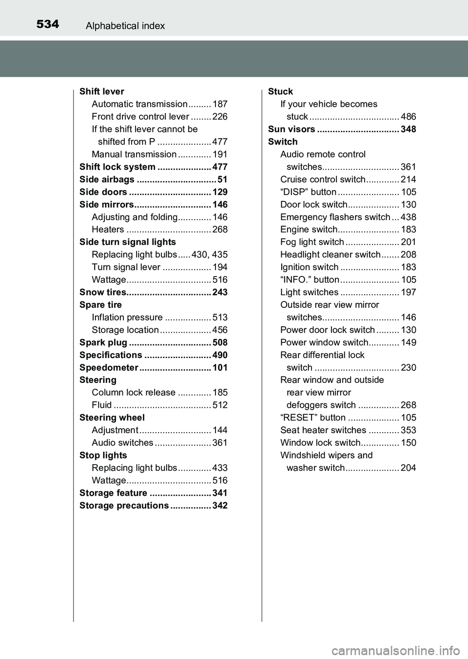 TOYOTA HILUX 2015  Owners Manual (in English) 534Alphabetical index
HILUX_OM_OM0K219E_(EE)
Shift leverAutomatic transmission ......... 187
Front drive control lever ........ 226
If the shift lever cannot be shifted from P ..................... 47